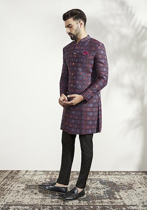 Multicolour Textured Silk Blend Jacquard Sherwani Set