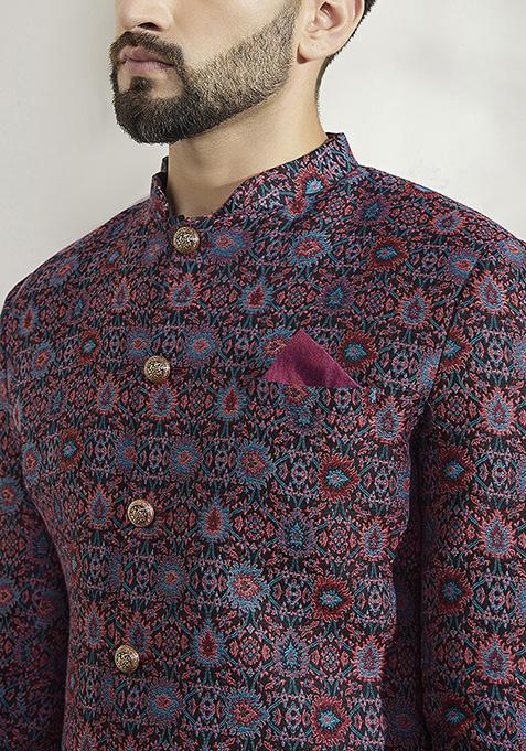 Multicolour Textured Silk Blend Jacquard Sherwani Set