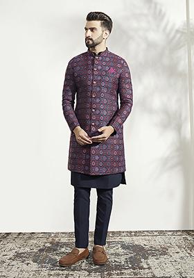 Multicolour Textured Silk Blend Jacquard Kurta Sherwani Set