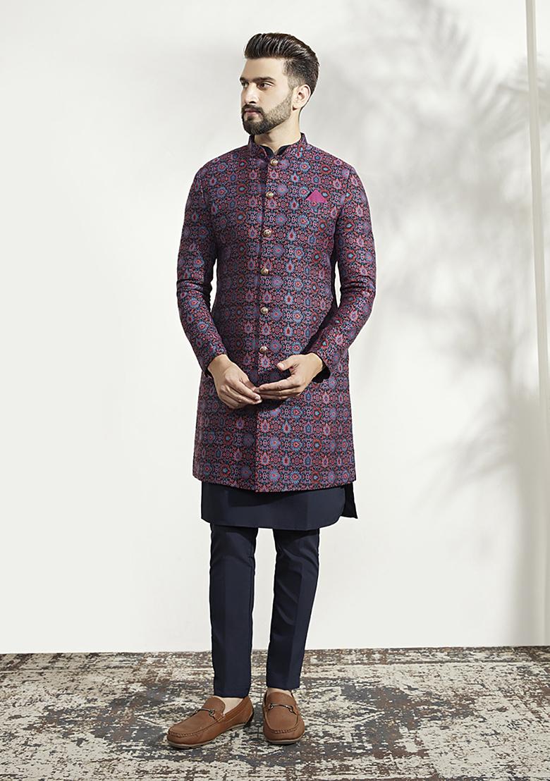 Multicolour Textured Silk Blend Jacquard Kurta Sherwani Set