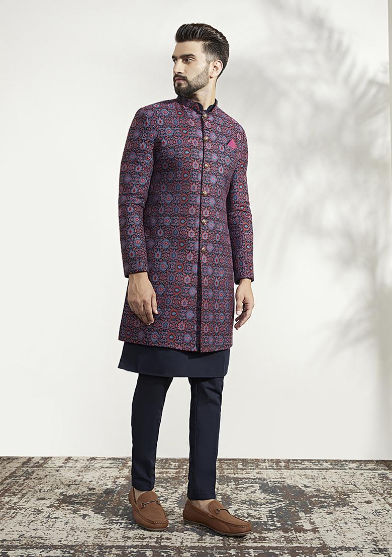 Multicolour Textured Silk Blend Jacquard Kurta Sherwani Set