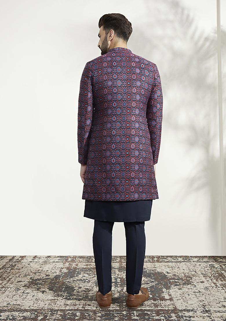 Multicolour Textured Silk Blend Jacquard Kurta Sherwani Set