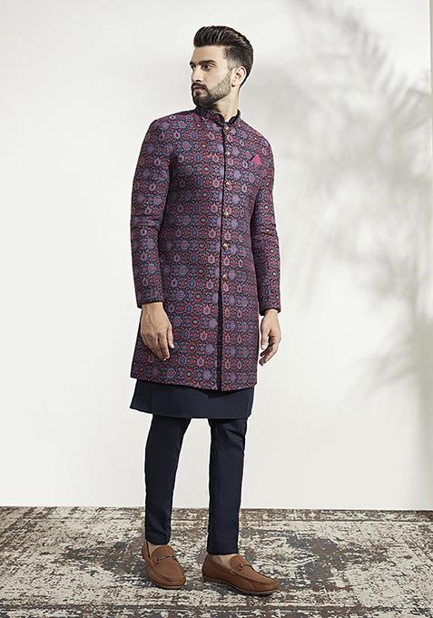 Multicolour Textured Silk Blend Jacquard Kurta Sherwani Set