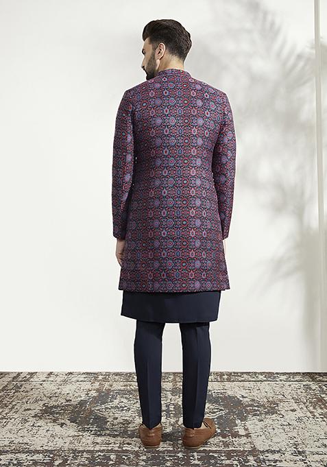 Multicolour Textured Silk Blend Jacquard Kurta Sherwani Set