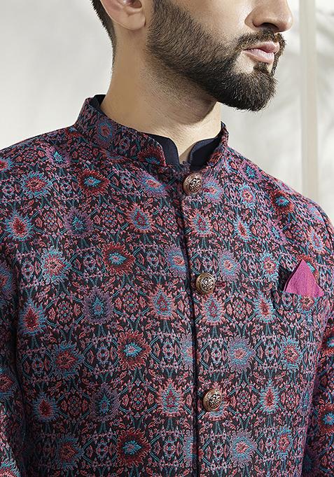 Multicolour Textured Silk Blend Jacquard Kurta Sherwani Set