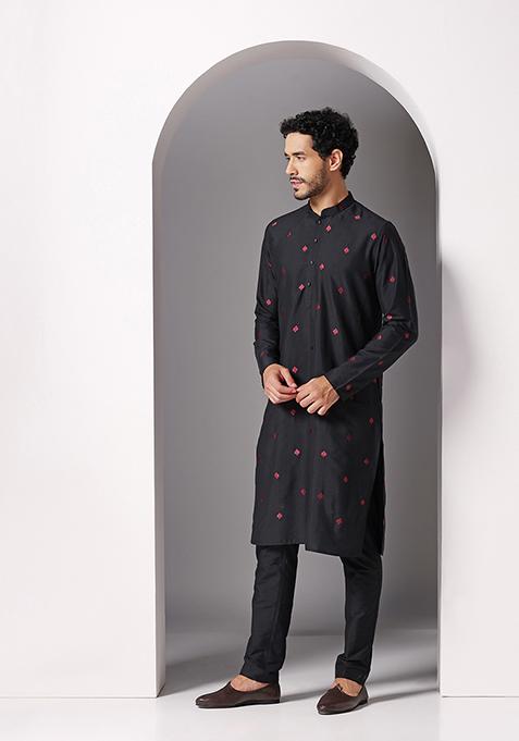 Black Embroidered Cotton Blend Kurta