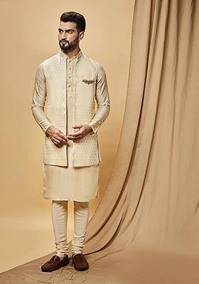 Off White Digital Print Silk Blend Kurta Jacket Set