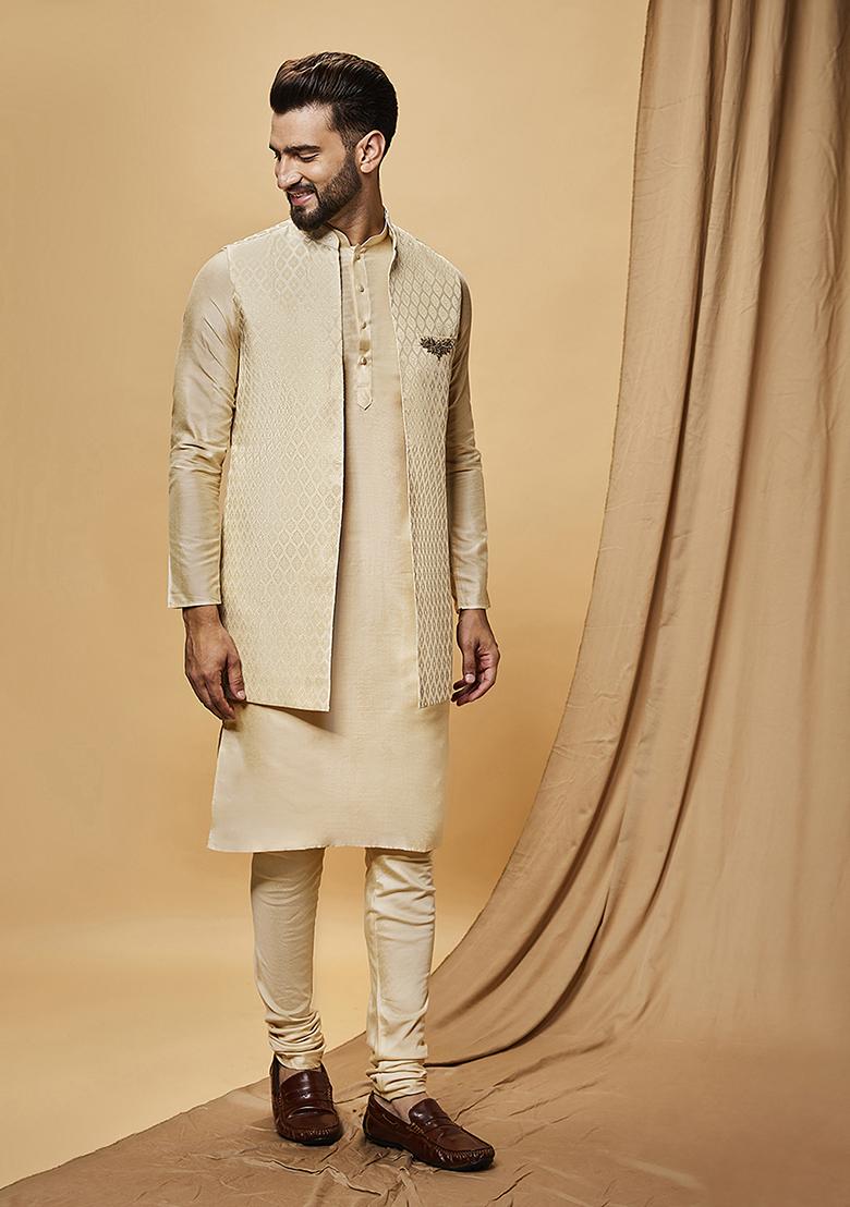 Off White Digital Print Silk Blend Kurta Jacket Set