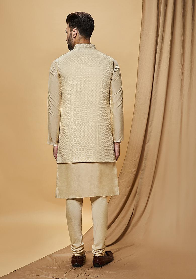 Off White Digital Print Silk Blend Kurta Jacket Set