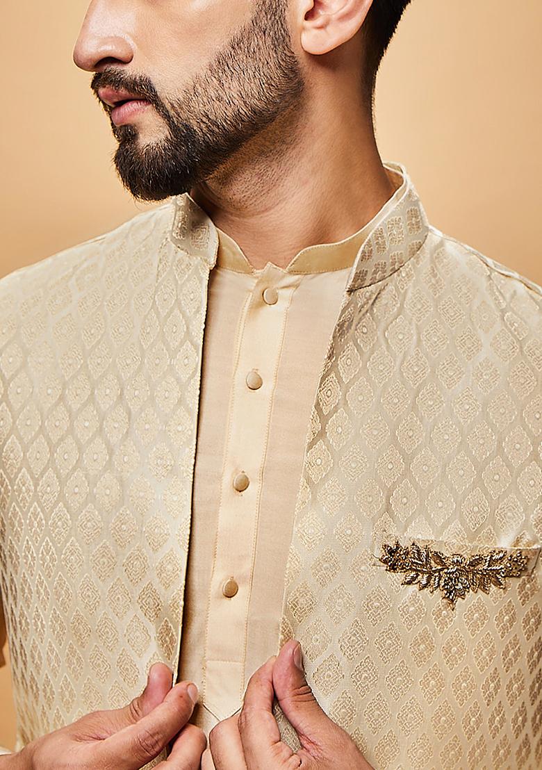 Off White Digital Print Silk Blend Kurta Jacket Set