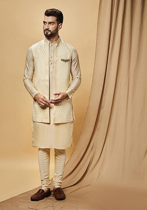 Off White Digital Print Silk Blend Kurta Jacket Set