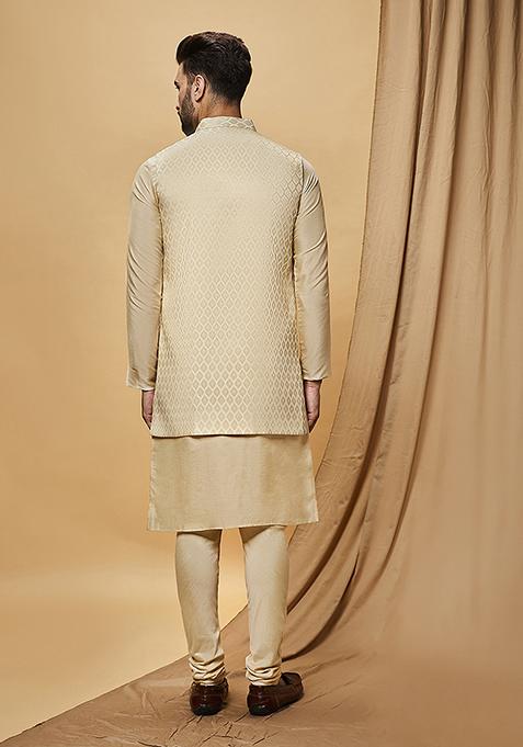 Off White Digital Print Silk Blend Kurta Jacket Set