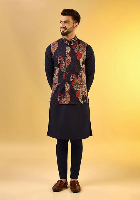 Navy Blue Printed Cotton Blend Kurta Jacket Set