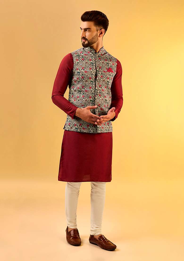 Multicolour Printed Cotton Blend Kurta Jacket Set - Indya