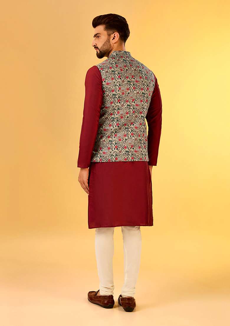 Multicolour Printed Cotton Blend Kurta Jacket Set - Indya