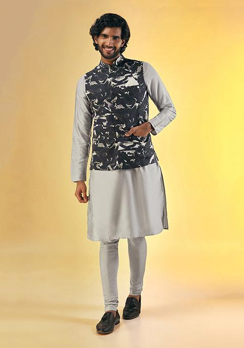Black Digital Print Cotton Blend Kurta Jacket Set