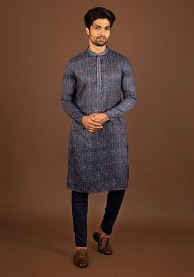 Grey Digital Print Cotton Blend Kurta Set