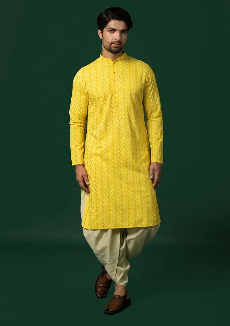 Yellow Printed Cotton Blend Kurta Set - Indya