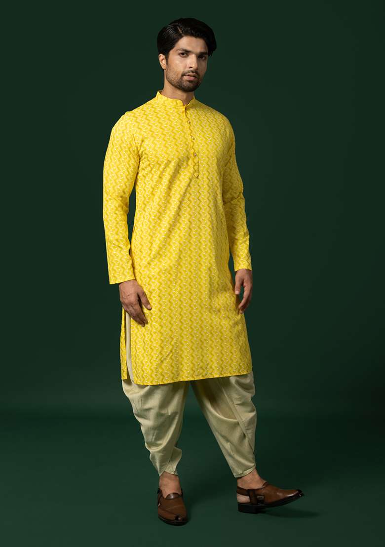 Yellow Printed Cotton Blend Kurta Set - Indya