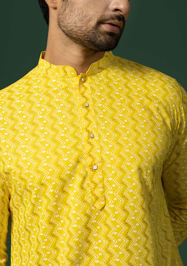 Yellow Printed Cotton Blend Kurta Set - Indya