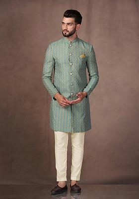 Blue Jacquard Silk Blend Sherwani Set