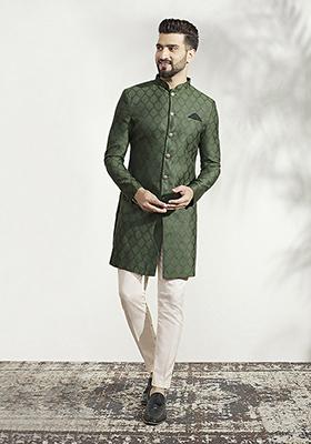 Green Textured Silk Blend Jacquard Sherwani Set
