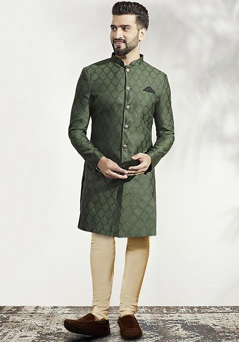 Olive Jacquard Silk Blend Sherwani Set
