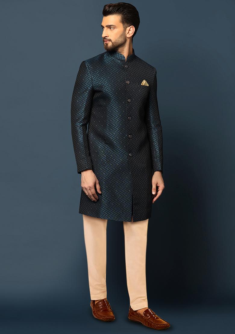 Navy Blue Jacquard Silk Blend Sherwani Set - Indya