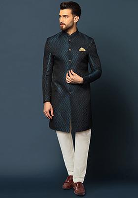 Navy Blue Embellished Silk Blend Jacquard Sherwani Set
