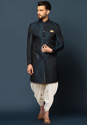 Navy Blue Jacquard Silk Blend Sherwani Set