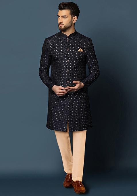 Black Jacquard Silk Blend Sherwani Set