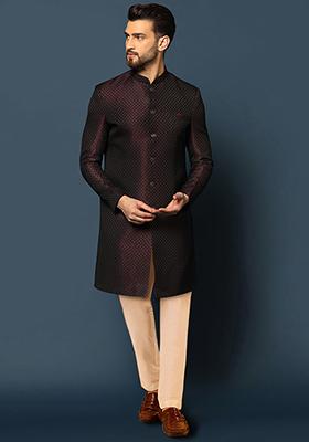 Purple Jacquard Silk Blend Sherwani Set