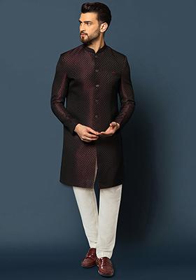 Purple Jacquard Silk Blend Sherwani Set