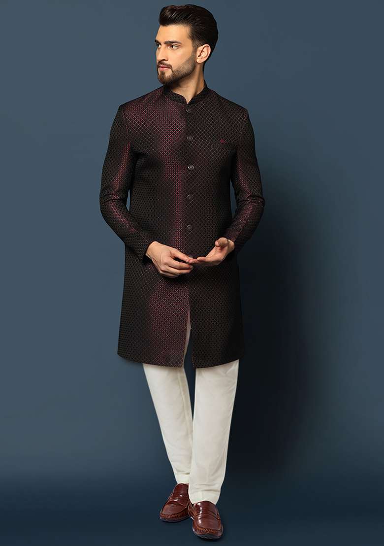 Purple Jacquard Silk Blend Sherwani Set - Indya
