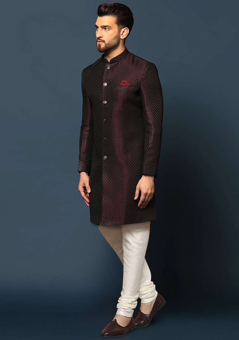 Purple Jacquard Silk Blend Sherwani Set - Indya