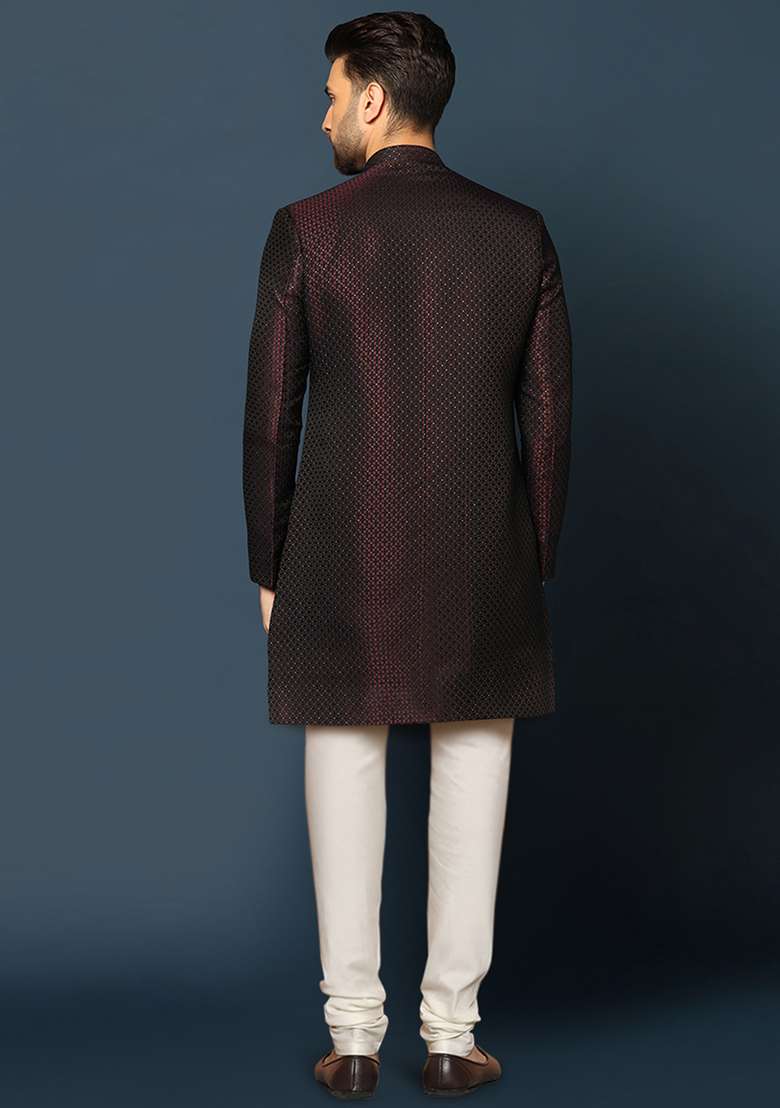 Purple Jacquard Silk Blend Sherwani Set - Indya
