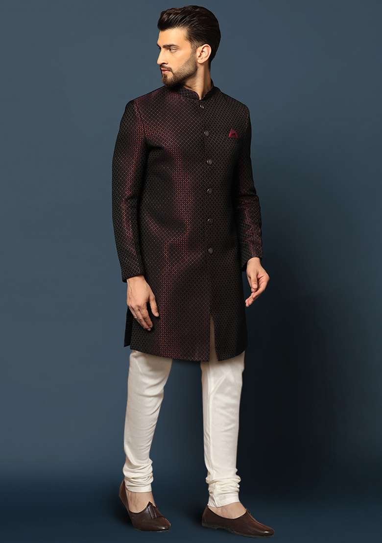 Purple Jacquard Silk Blend Sherwani Set - Indya