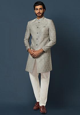 Grey Jacquard Silk Blend Sherwani Set