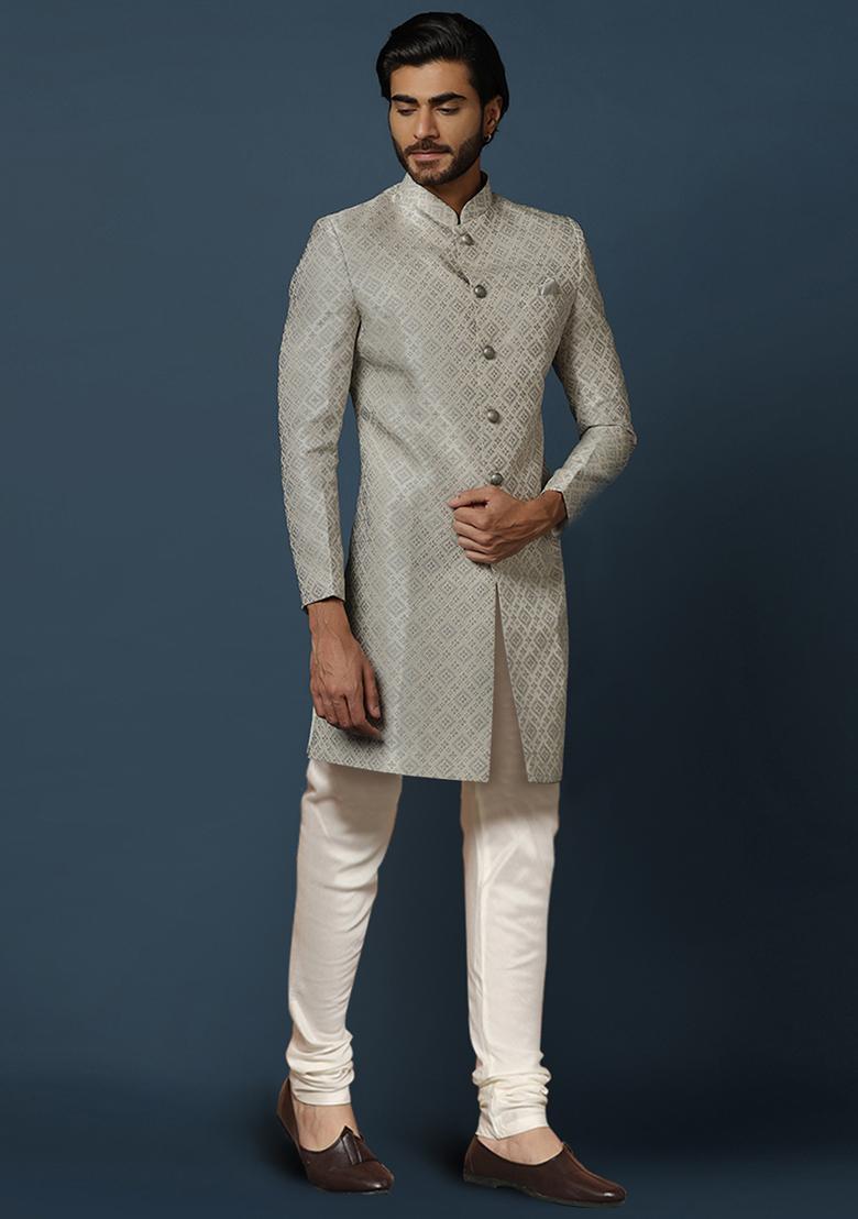Grey Jacquard Silk Blend Sherwani Set - Indya
