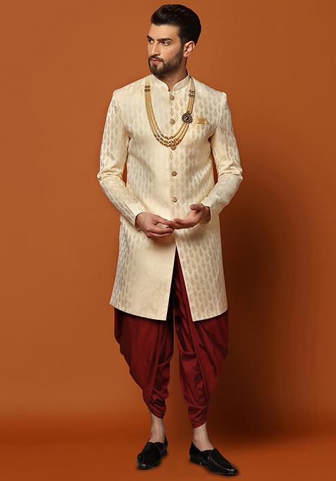 Cream Jacquard Silk Blend Sherwani Set