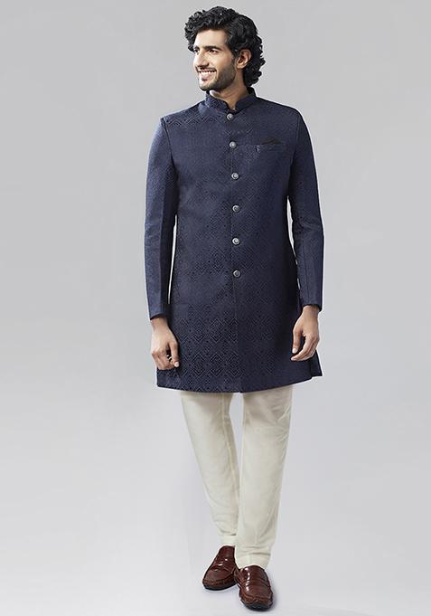 Navy Blue Jacquard Silk Blend Sherwani Set