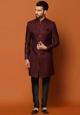 Purple Jacquard Silk Blend Sherwani Set