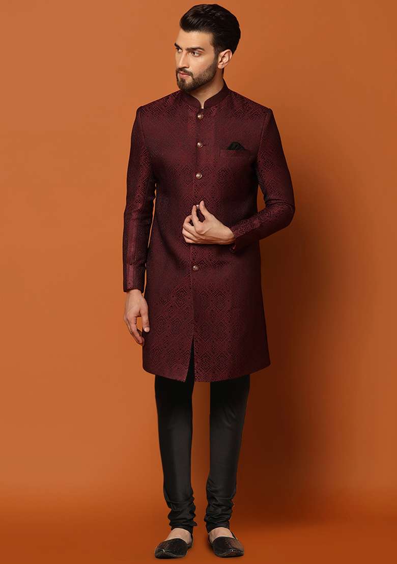 Purple Jacquard Silk Blend Sherwani Set - Indya