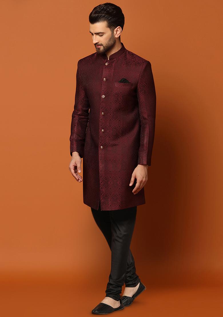 Purple Jacquard Silk Blend Sherwani Set