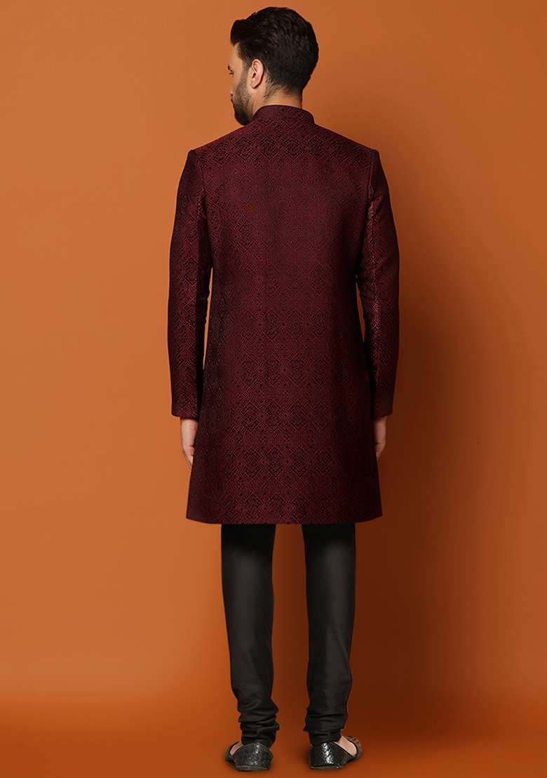 Purple Jacquard Silk Blend Sherwani Set - Indya