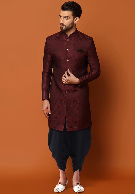 Purple Jacquard Silk Blend Sherwani Set