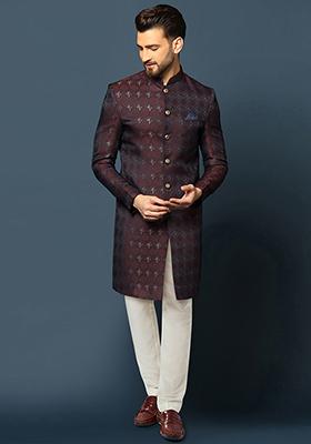 Purple Jacquard Silk Blend Sherwani Set