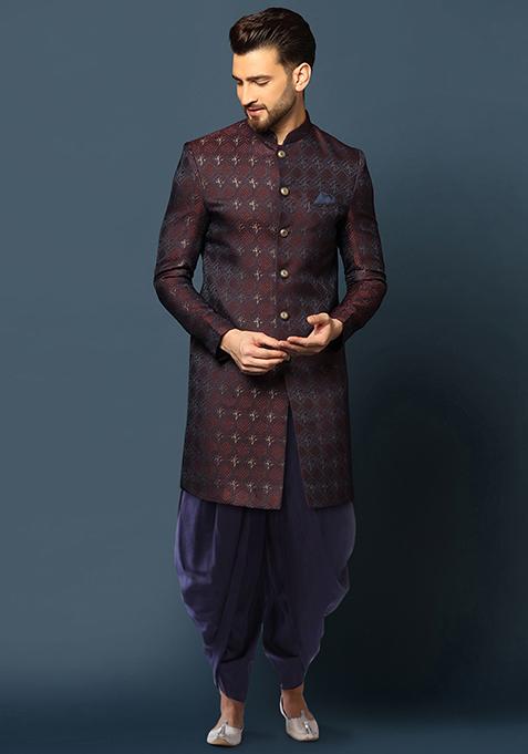 Purple Textured Silk Blend Jacquard Sherwani Set