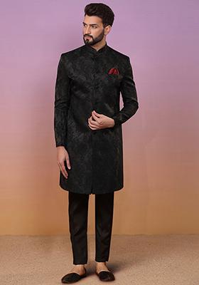 Black Textured Silk Blend Jacquard Sherwani Set