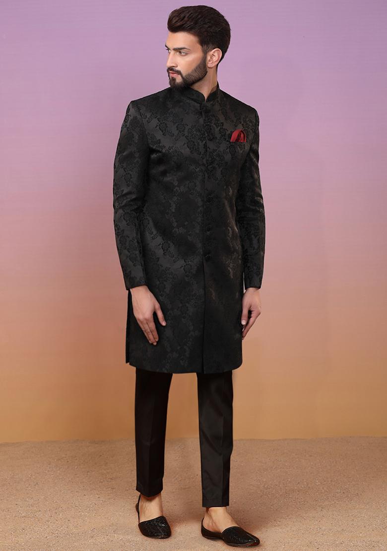 Black Textured Silk Blend Jacquard Sherwani Set - Indya